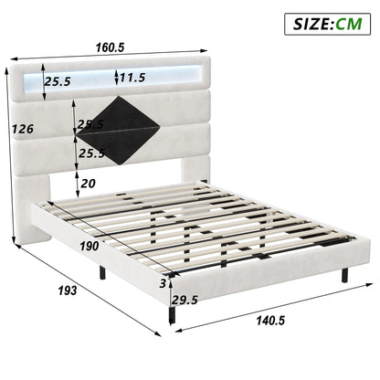 Anajqaqia 140 x 190 cm gepolstertes Bett, Doppelbett mit USB-Ladeanschluss, Kopfteil und Unterbett mit Lichtleiste, Samt