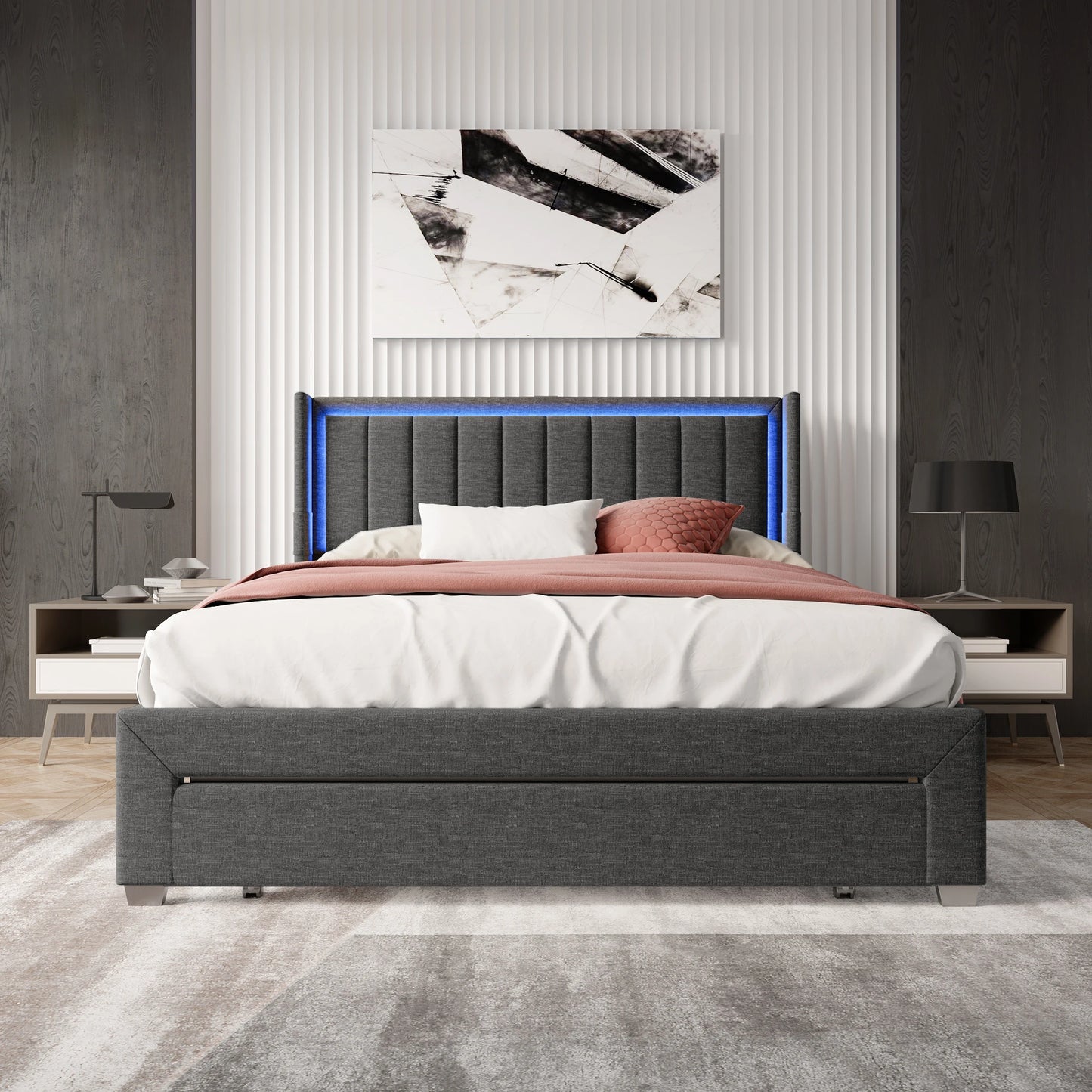 Rosahqnda Gepolsterter Bettrahmen mit LED, USB, Schubladen, Leinen Plattformbett 140-160-180×200cm,Jugendwohnungsbett,Gästebett