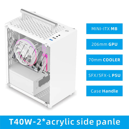 METALFISH T40 Mini ITX Case 7L Gaming Computer White Chassis Compact Transpare PC Support SFX PSU/70mm Cooler With Handle