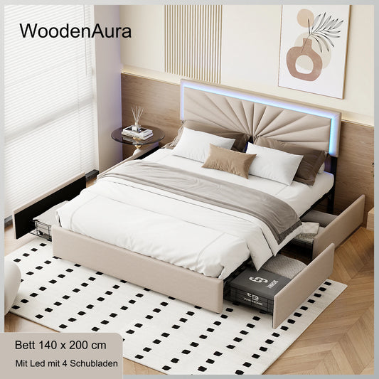 WoodenAura Polsterbett 140x200 cm mit LED-Beleuchtung,Doppelbett mit 4 Schubladen, Höhenverstellbarem Kopfteil und Holzgestell