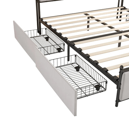 WoodenAura 140x200cm Polsterdoppelbett mit LED-Kopfteil und USB, mit Lattenrost und 4 Schubladen, Stauraum, Funktionsbett180x200