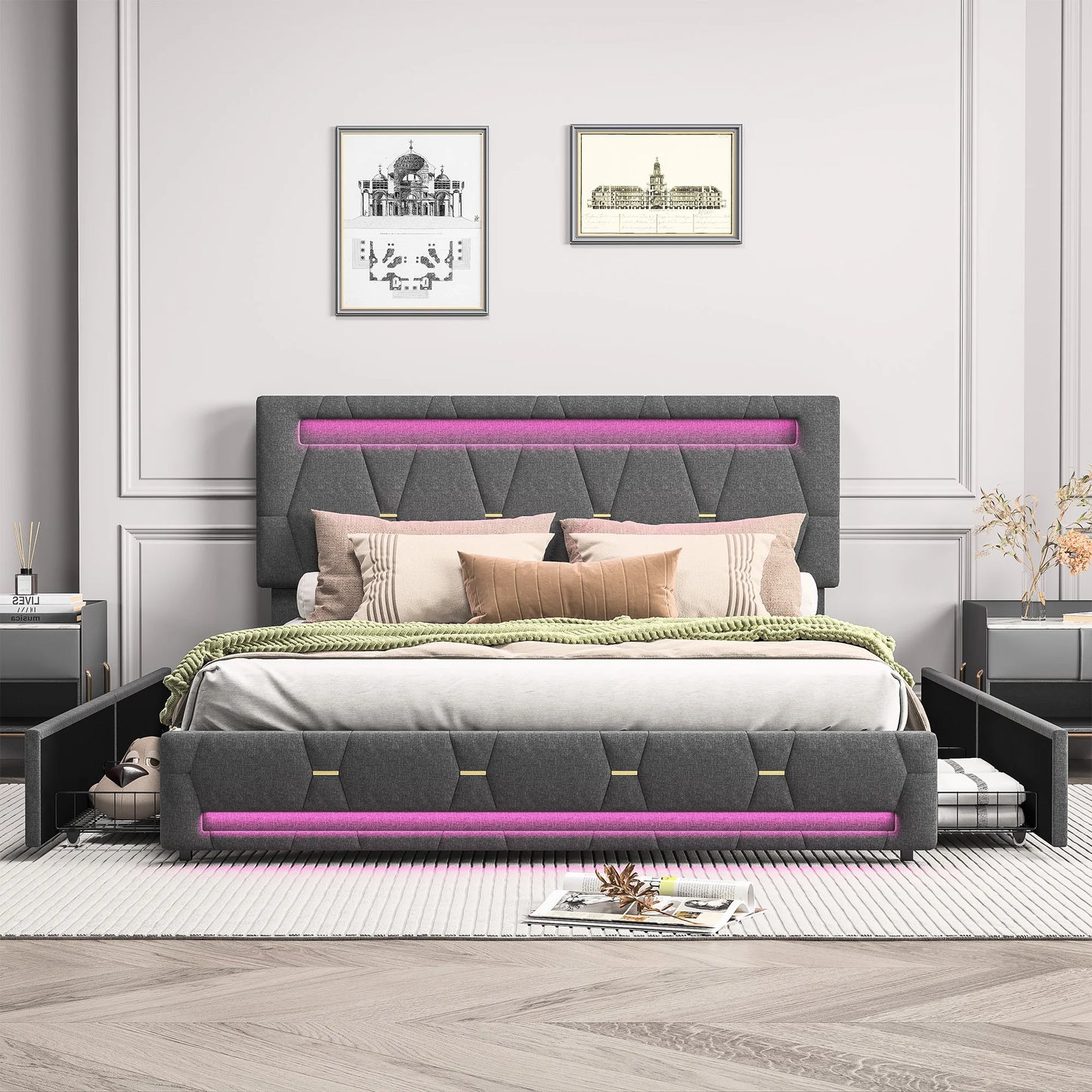 Rosahqnda Polsterbett 140 x 200 cm, Doppelbett mit LED-Beleuchtung, 4 Schubladen und Lattenrost, USB-Ladefunktion, hydraulisches Bett