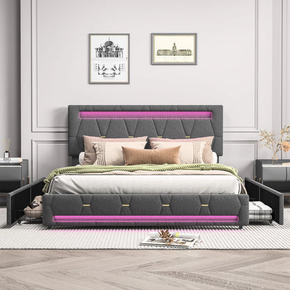 Rosahqnda Polsterbett 140 x 200 cm, Doppelbett mit LED-Beleuchtung, 4 Schubladen und Lattenrost, USB-Ladefunktion, hydraulisches Bett