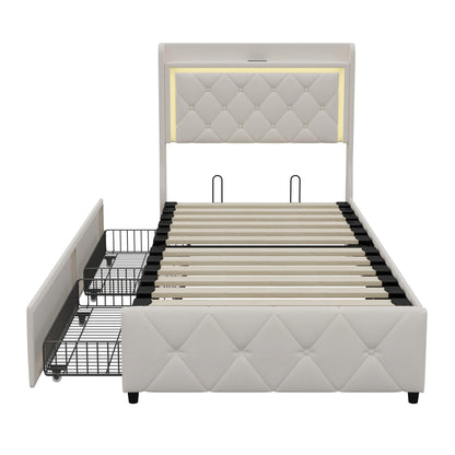 Rosahqnda Polster-Einzelbett 90 x 200 cm mit LED, Jugendbett mit USB/Typ-C, Bettkasten, Holzrahmen, Flanell (ohne Matratze)