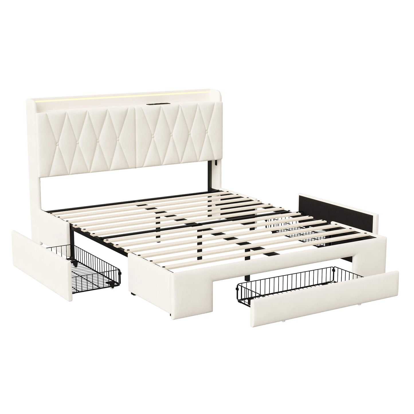 Comanlai 140 x 200 cm Polsterbett, mit 3 Schubladen, USB-Ladefunktion, Doppelbett, ohne Matratze, Samt, Beige