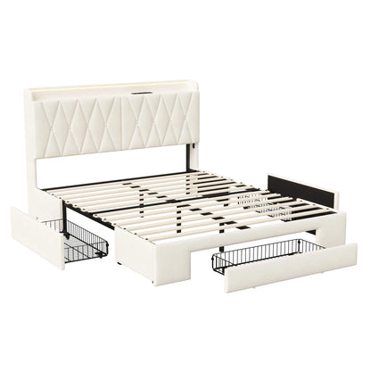 Comanlai 140 x 200 cm Polsterbett, mit 3 Schubladen, USB-Ladefunktion, Doppelbett, ohne Matratze, Samt, Beige