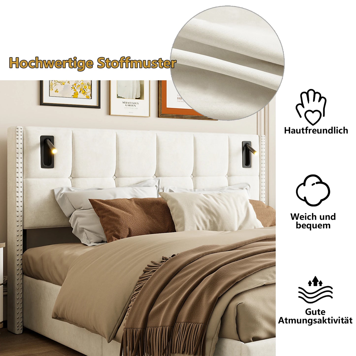 Rosahqnda Polsterbett 160x200 cm mit Stauraum,Kopfteil mit LED-Leselicht,Kupfernieten Modernes Bettgestell,Grauer Samtstoff