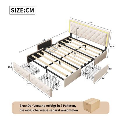 WoodenAura Polsterbett 160x200 cm mit LED-Beleuchtung, Doppelbett mit 4 Schubladen, Bett rahmen mit Lattenrost, keine Matratze