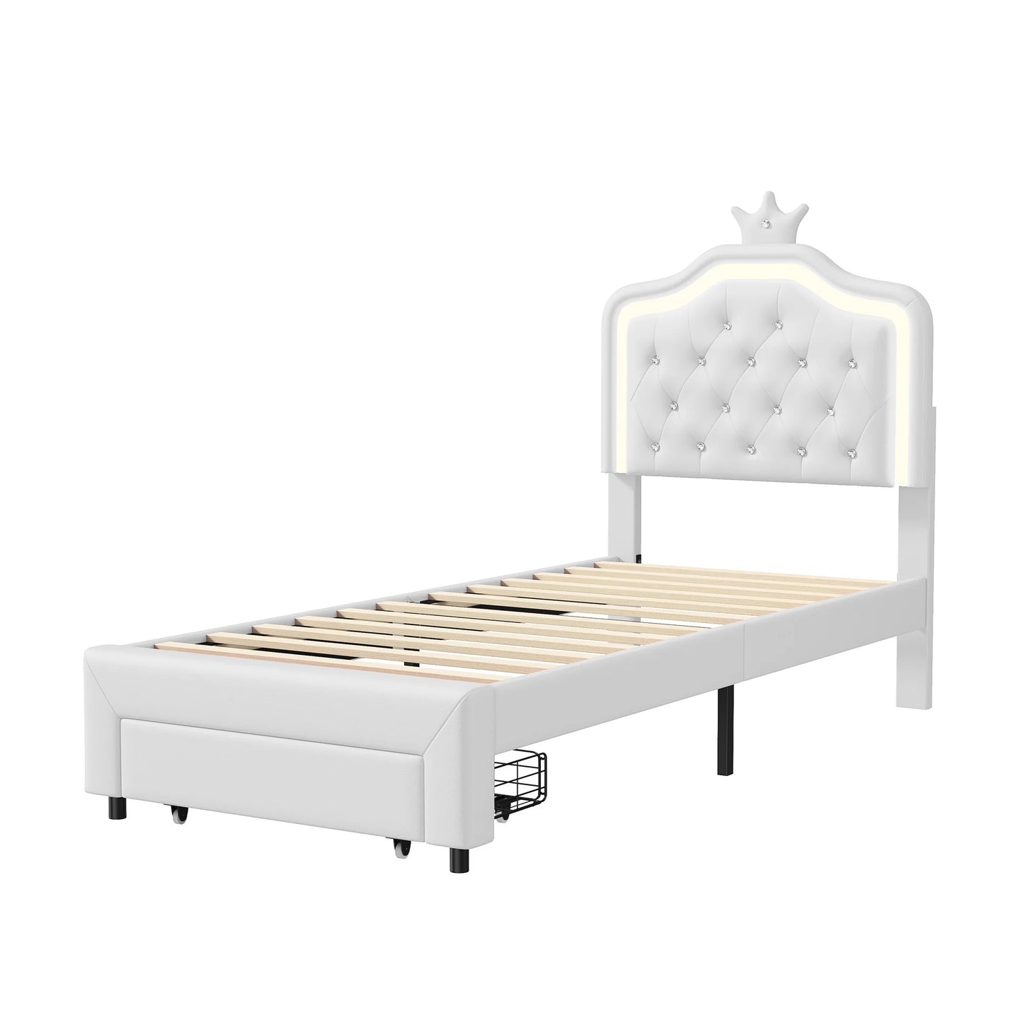 Rosahqnda Kinderbett Kronenform 90/140 x 200 cm, LED und Schubladen, höhenverstellbares Kopfteil, PU, Rosa/Weiß