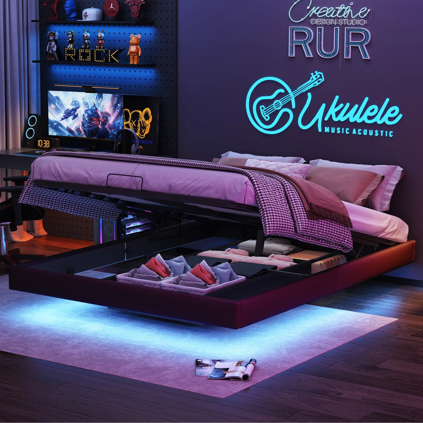 Rosahqnda Doppelbett 160 x 200 cm mit LED-Beleuchtung, Lattenrost aus Metall, schwebender Bettrahmen mit Licht, Schwarz (ohne Matratze)