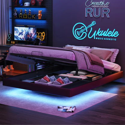 Rosahqnda Doppelbett 160 x 200 cm mit LED-Beleuchtung, Lattenrost aus Metall, schwebender Bettrahmen mit Licht, Schwarz (ohne Matratze)