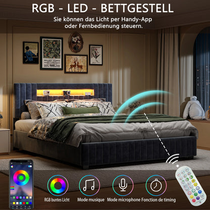 Rosahqnda hydraulisches Doppelbettgestell 140–160 x 200 cm mit LED, USB und großem Stauraum, gepolstertes Gästebett, Teenager-Wohnbett, Samt