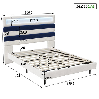 Anajqaqia 140 x 190 cm gepolstertes Bett, Doppelbett mit USB-Ladeanschluss, Kopfteil und Unterbett mit Lichtleiste, Samt