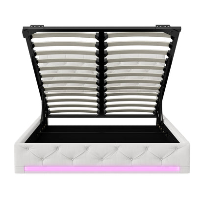 Rosahqnda Double Upholstered Bed 160x200,LED Hydraulic Storage Bed with Large Storage Space,Adjustable Headboard,Bedroom,Beige