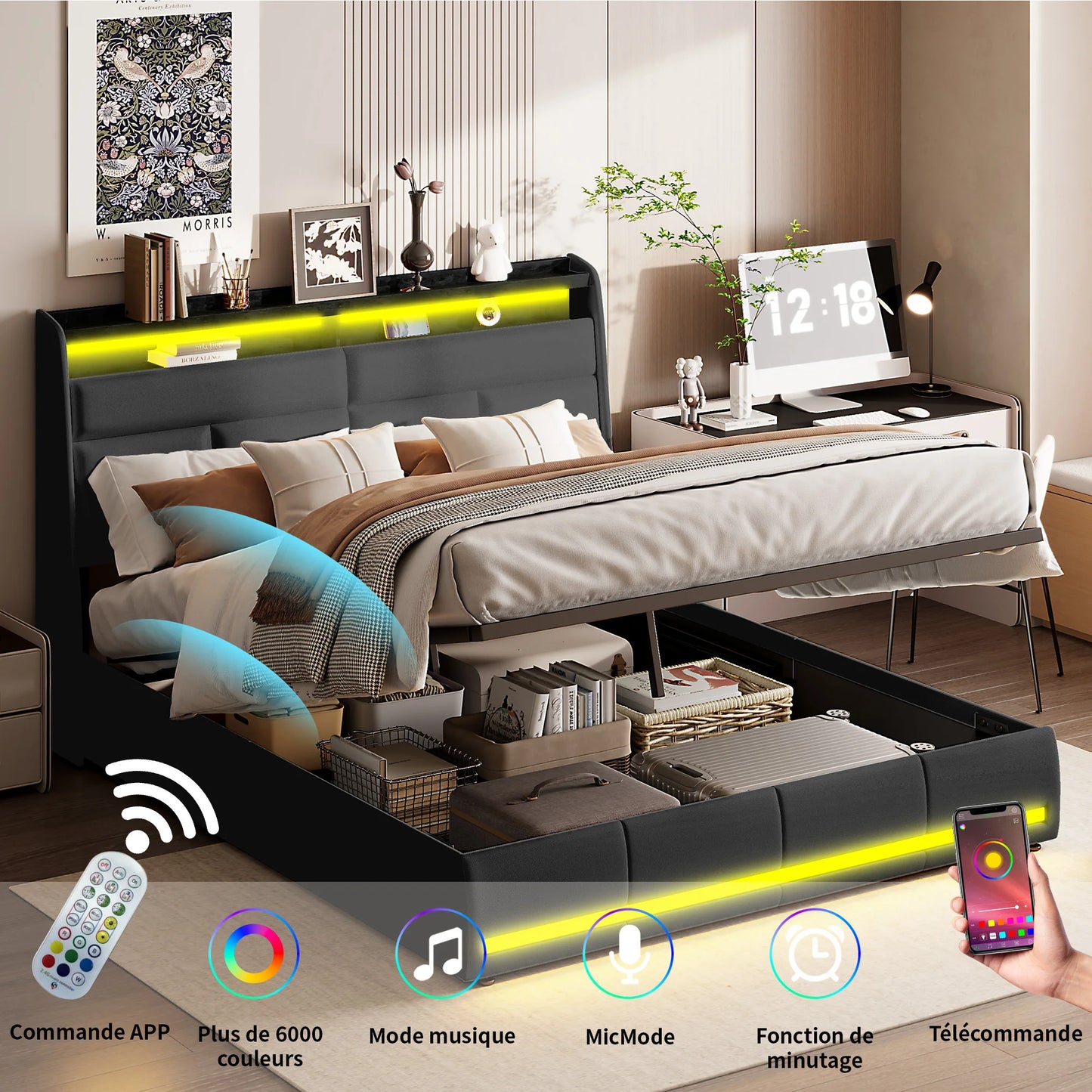 WoodenAura Hydraulisch Doppelbett Polsterbett 140x200cm, Bett mit Lattenrost aus Metallrahmen, Modernes Bettgestell mit Stauraum