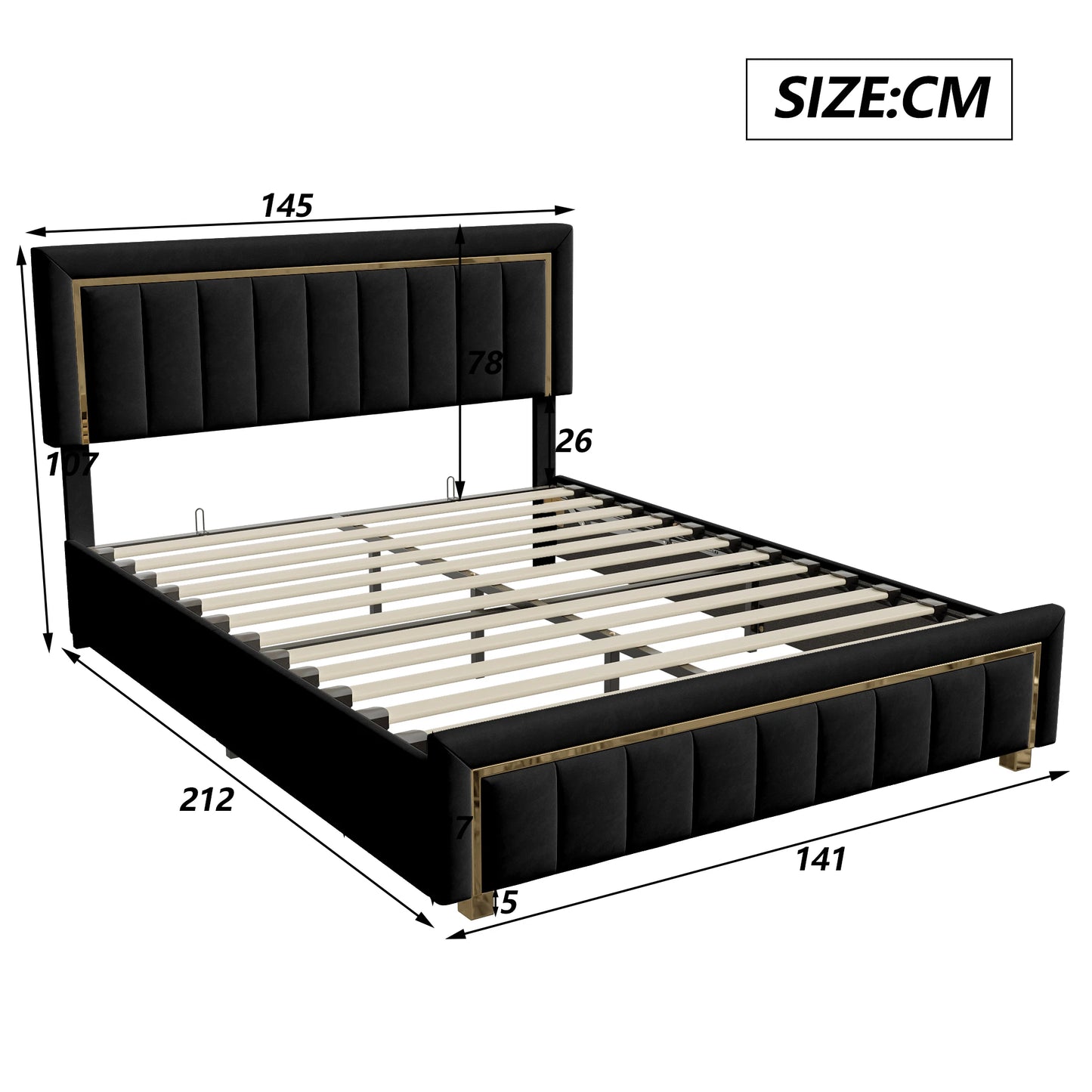 Polsterbett 140x200 Doppelbett mit Stauraum, Bett mit Lattenrost und Hydraulisch Stauraumbett Rückenlehne Bettgestel Jugendbett