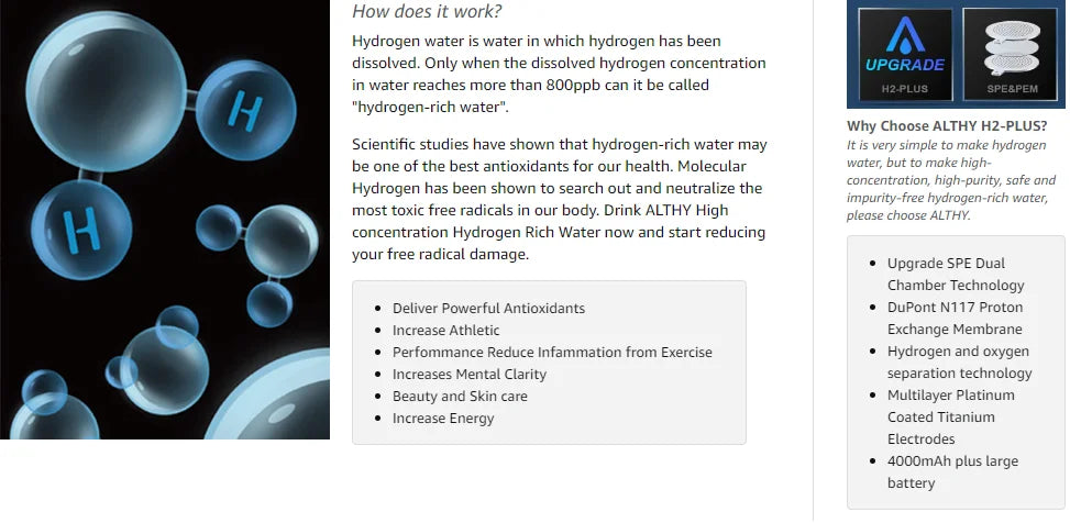 ALTHY Hydrogen Water Generator Bottle Cup DuPont SPE+PEM Dual Chamber,40 Times Working/ Single charged ,H2 Inhalation Device.