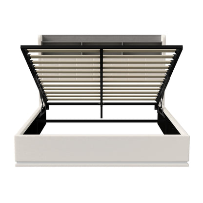 WoodenAura 160x200 CM Polsterbett mit LED-Lichtleiste, Kopfteil mit Stauraum, Doppelbett, flacher Bettrahmen, Metallbettrahmen