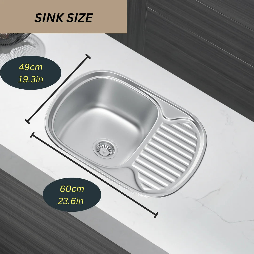 60 x 49 cm Ovales Spülbecken aus Edelstahl mit Abtropffläche – Einbauspüle, reversibel, modernes Design mit einem Becken