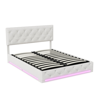 Rosahqnda upholstered bed, double size, with LED lights, storage bed with hydraulic lift box, adjustable headboard height, linen