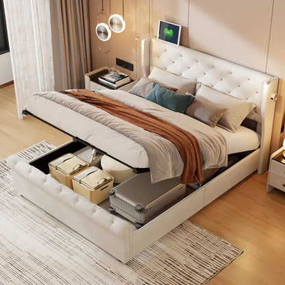 Doppelbett 140 x 190 cm mit LED-Beleuchtung und USB-Ladeanschluss, gepolsterte Doppelbettbetten mit Stauraum und Lattenrost, Samt, Beige