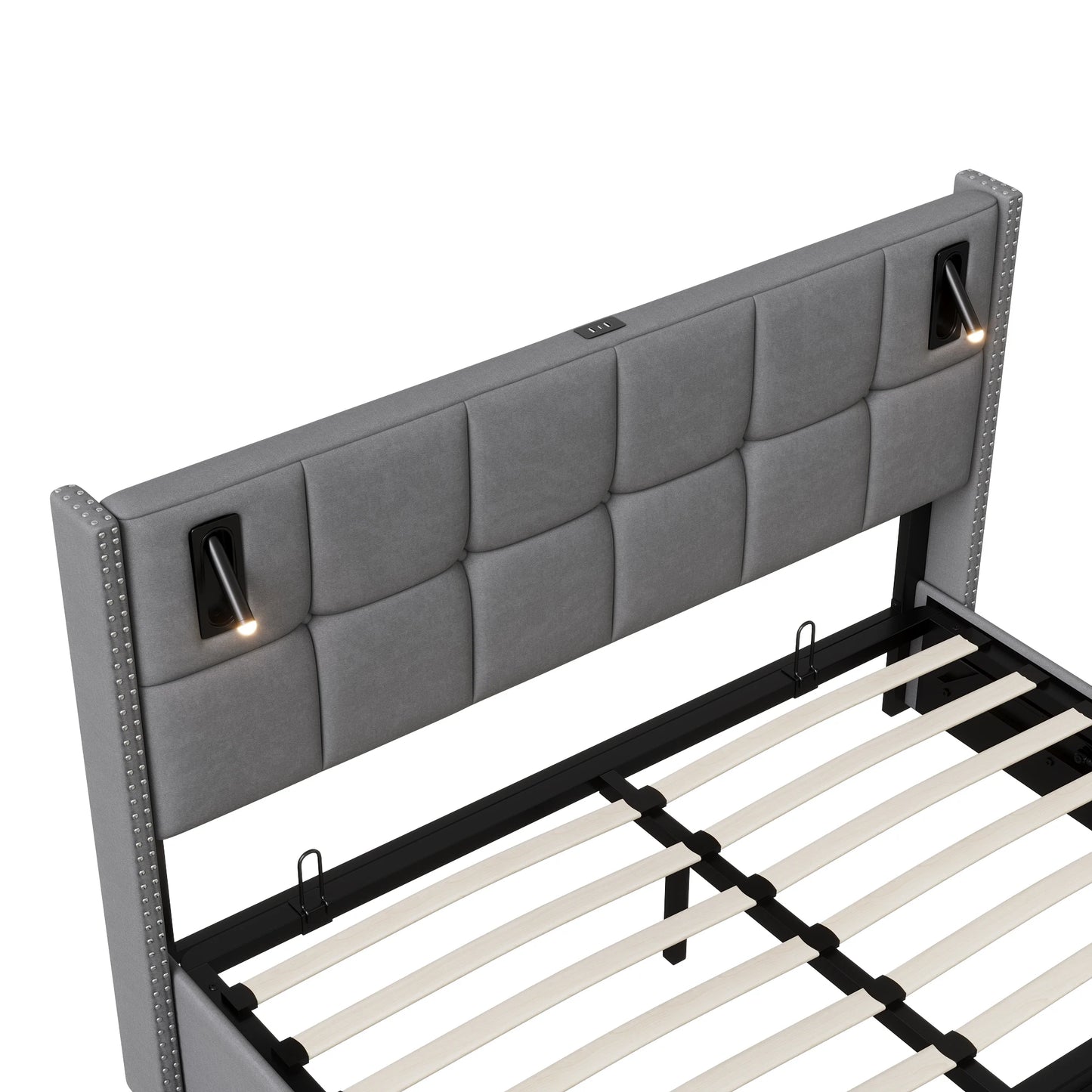Rosahqnda Polsterbett 160x200 cm mit Stauraum,Kopfteil mit LED-Leselicht,Kupfernieten Modernes Bettgestell,Grauer Samtstoff