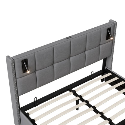 Rosahqnda Polsterbett 160x200 cm mit Stauraum,Kopfteil mit LED-Leselicht,Kupfernieten Modernes Bettgestell,Grauer Samtstoff