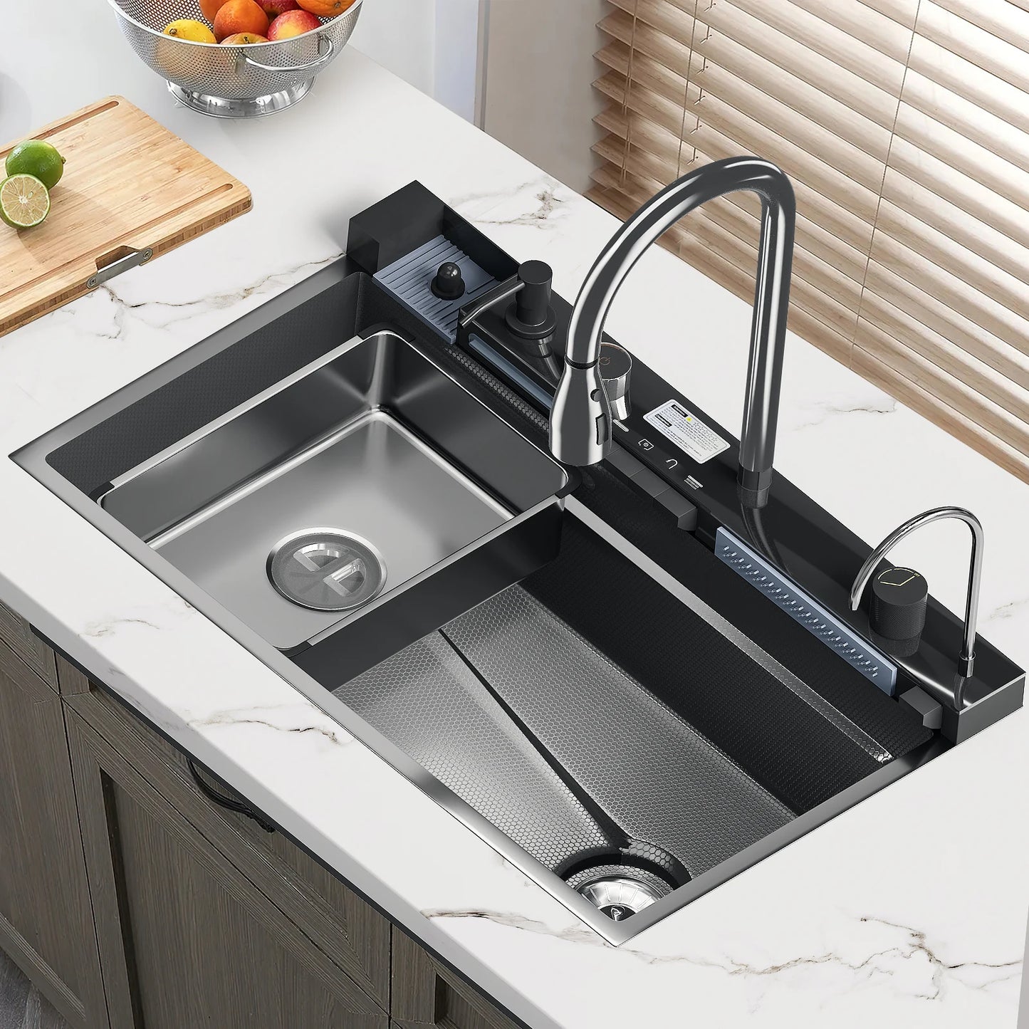 Seeiswork Edelstahl-Wasserfall-Küchenspüle, extra groß, Einzelschlitz, Digitalanzeige, multifunktionale Geschirrspülbecken, Tassenwascher