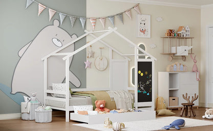 Roshanda Kinderbett, 90 x 200 cm, Hausbett, Einzelbett, mit Tafel/Bücherregal/Schublade, Kiefer, Weiß