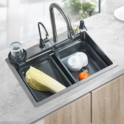 Wasserfall-Küchenspüle aus Edelstahl 304, großes Einzelschlitz-Wasserhahn-Set mit integrierter Digitalanzeige, Seifenspender, Tassenwascher