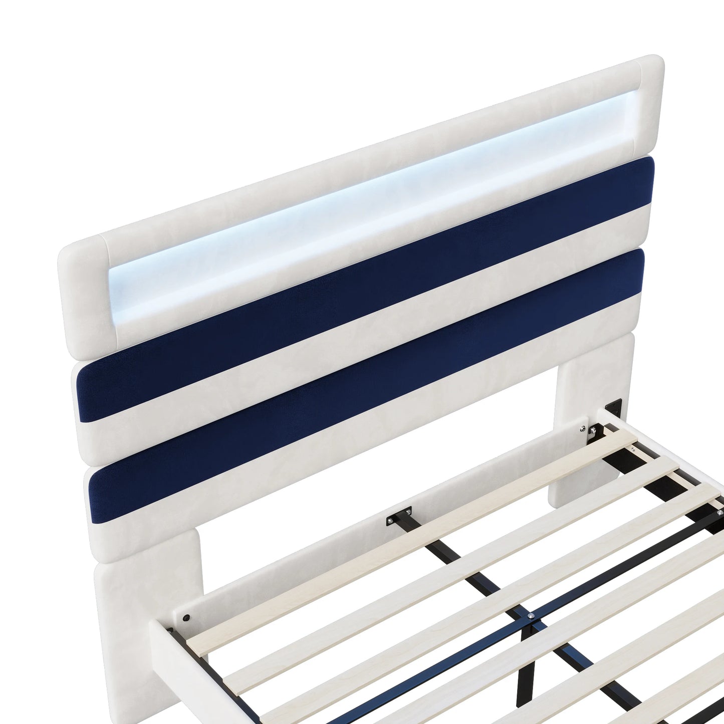 Rosahqnda Double Bed 140x190cm,Upholstered Bed with LED lighting and USB Charging Port,Youth Bed Ajudtable Headboard,WhiteVelvet