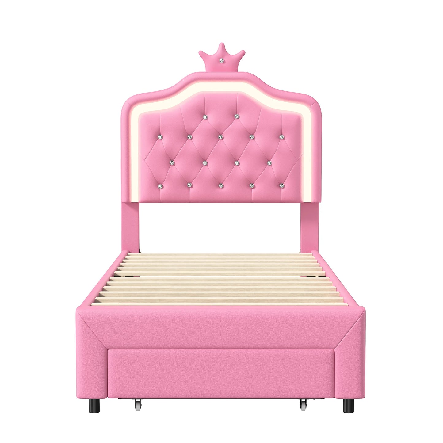 Rosahqnda Kinderbett Kronenform 90/140 x 200 cm, LED und Schubladen, höhenverstellbares Kopfteil, PU, Rosa/Weiß
