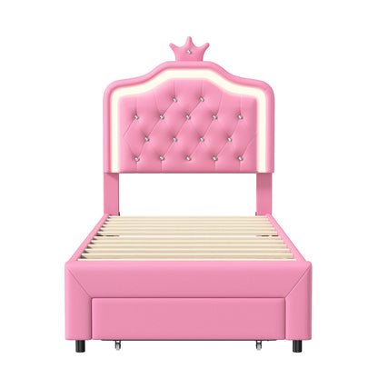 Rosahqnda Kinderbett Kronenform 90/140 x 200 cm, LED und Schubladen, höhenverstellbares Kopfteil, PU, Rosa/Weiß