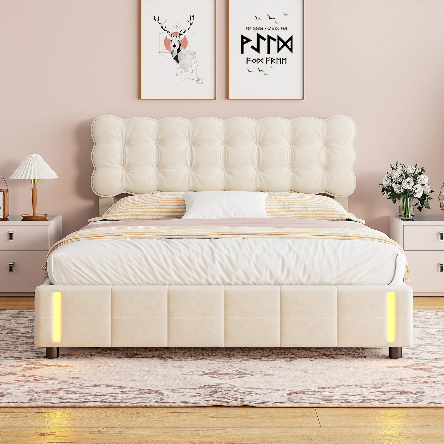 Doppelbett 140x200 cm mit LED-Beleuchtung und Stauraum, Luftdruckbett, Lattenrost, Samt, beige, ohne Matratze