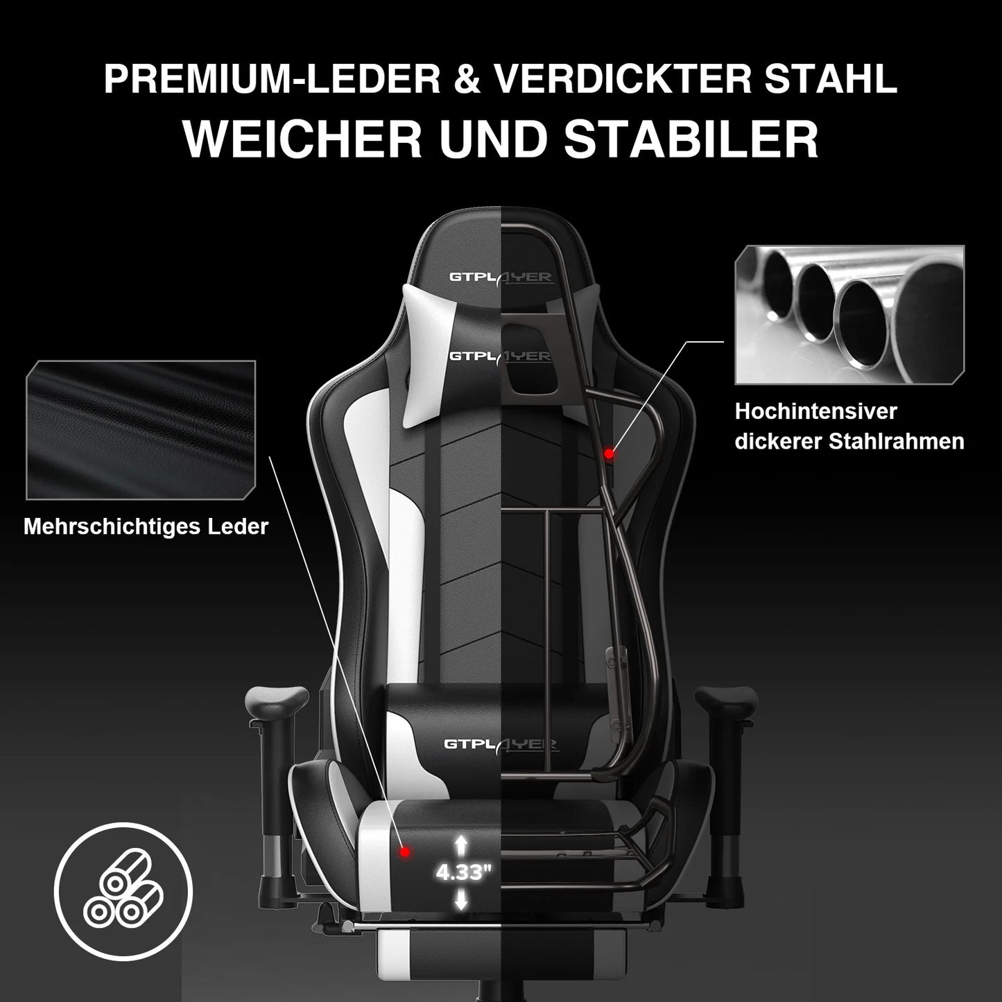 GTPLAYER Gaming Stuhl mit Fußstützen Bluetooth Lautsprecher Musik Stuhl Ergonomischer Computerstuhl Schreibtischstuhl