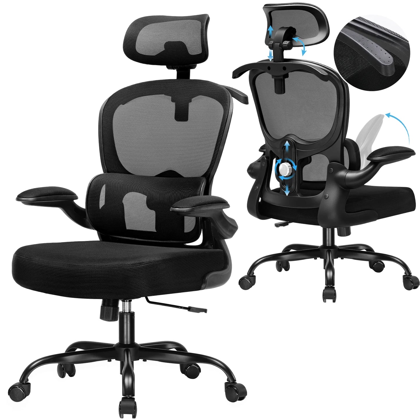 COMHOMA Bürostuhl Ergonomisch, Schreibtischstuhl mit 3D Kopfstütze und Lendenwirbelstütze, Integriertes Kleiderhaken-Design