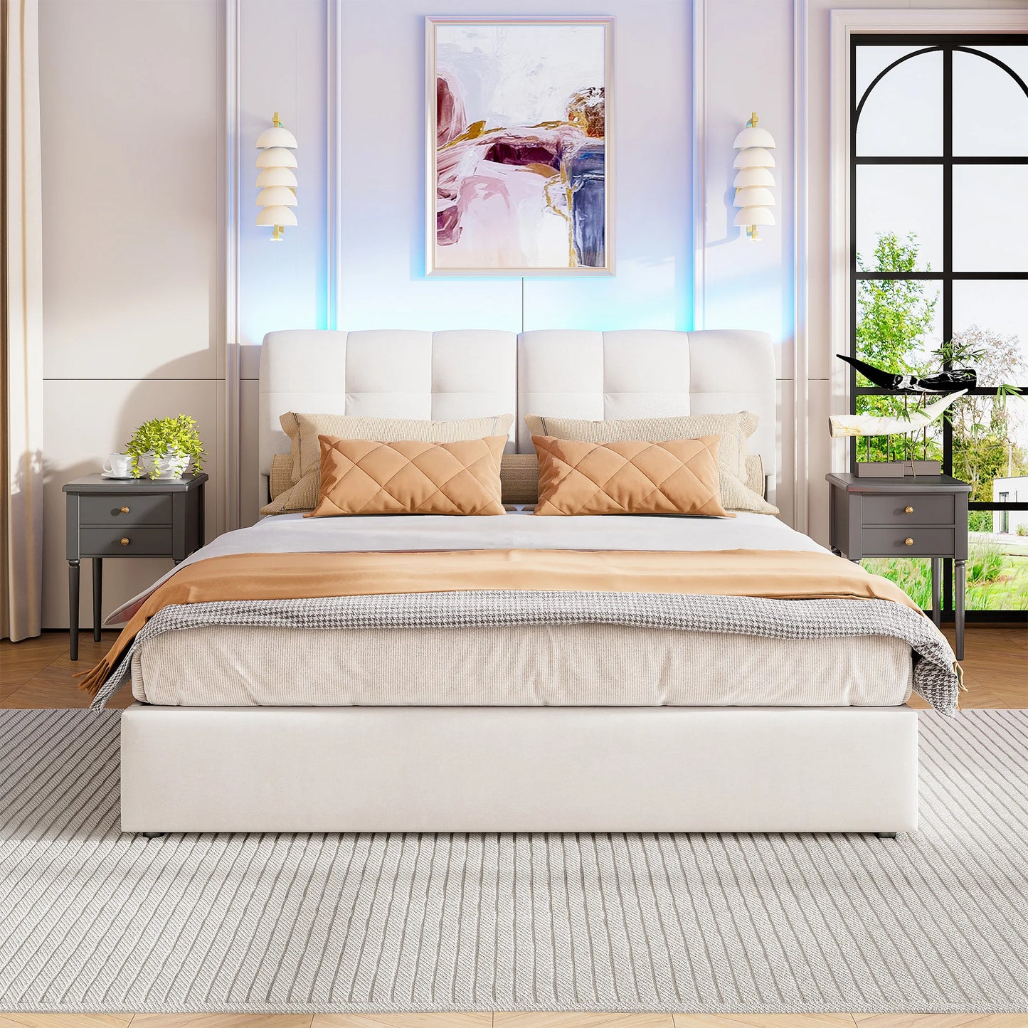 ROSAHQNDA Modernes Polsterbett, LED-Doppelbett mit Rückenlehne, hydraulischer Samtbettrahmen mit USB-Station, ohne Matratze
