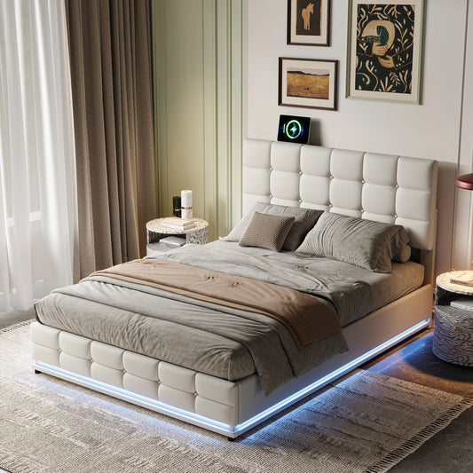 Rosahqnda gepolstertes Doppelbett 140 x 200 cm, LED-Beleuchtung, Doppelbett mit Stauraum, Kinderbett, Jugendbett, weißes PU-Leder