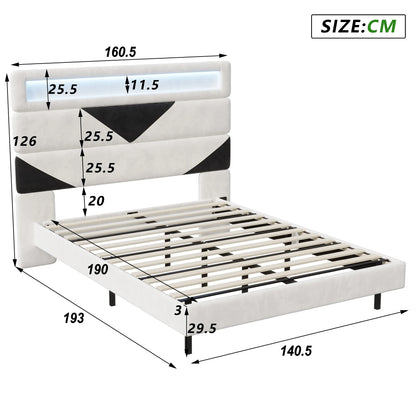 Rosahqnda Bett Doppelbettkopf einstellbar, Ladeanschluss + USB + Typ-c, LED-Leuchtband am Kopf und unten des Bettes
