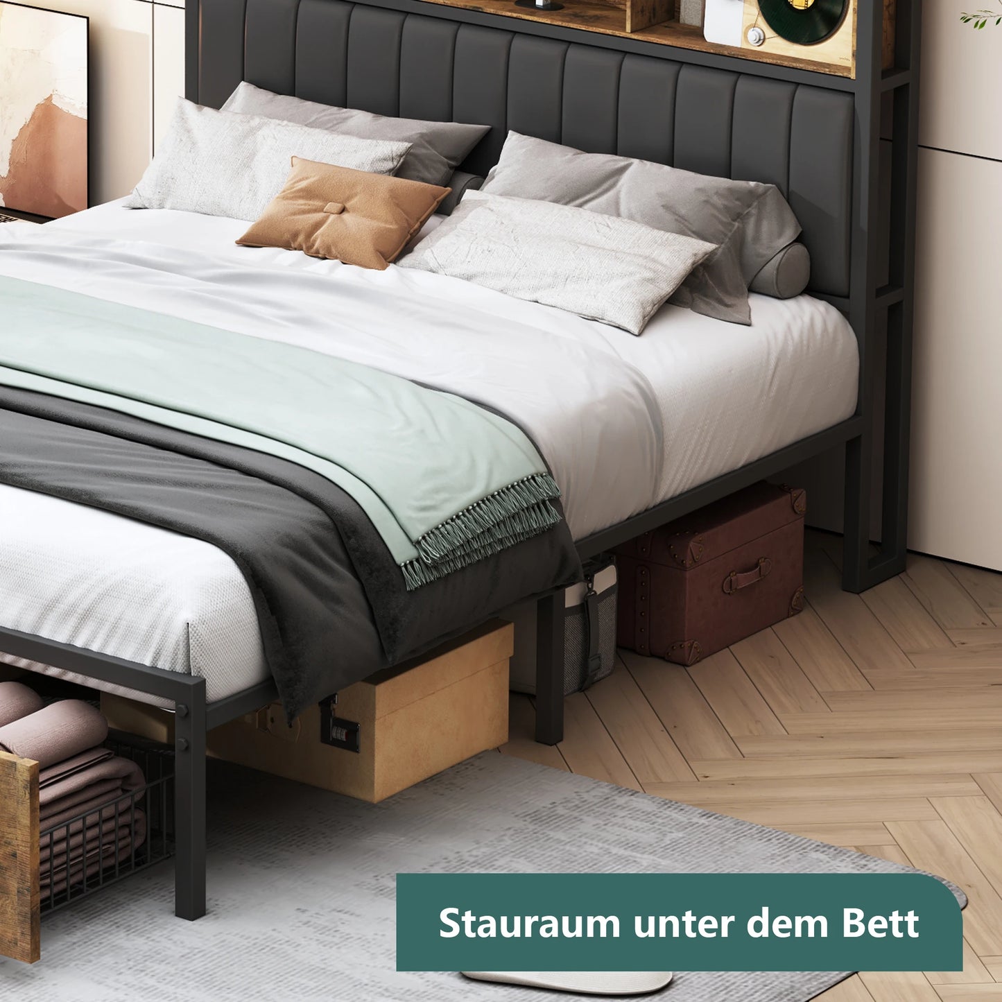 Rosahqnda Doppelbettgestell aus Eisen mit LED & USB & Schubladen, Polsterbett 140-160-180*200cm,Stauraum-Kopfteil,Jugendbett,PU