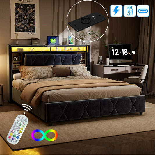 ROSAHQNDA Doppelbett mit Stauraum, LED-Bücherregal-Kopfteil mit USB, Polsterbett 140/160 x 200 cm, Samt, ohne Matratze