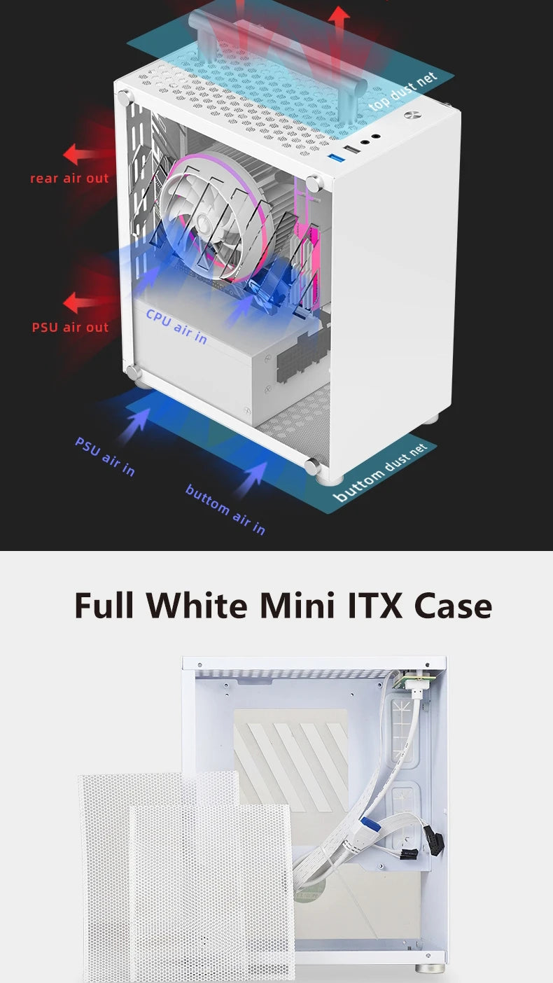 METALFISH T40 Mini ITX Black Case 7L Gaming Computer Chassis Compact transparent PC Support SFX PSU/70mm Cooler/206mm GPU.