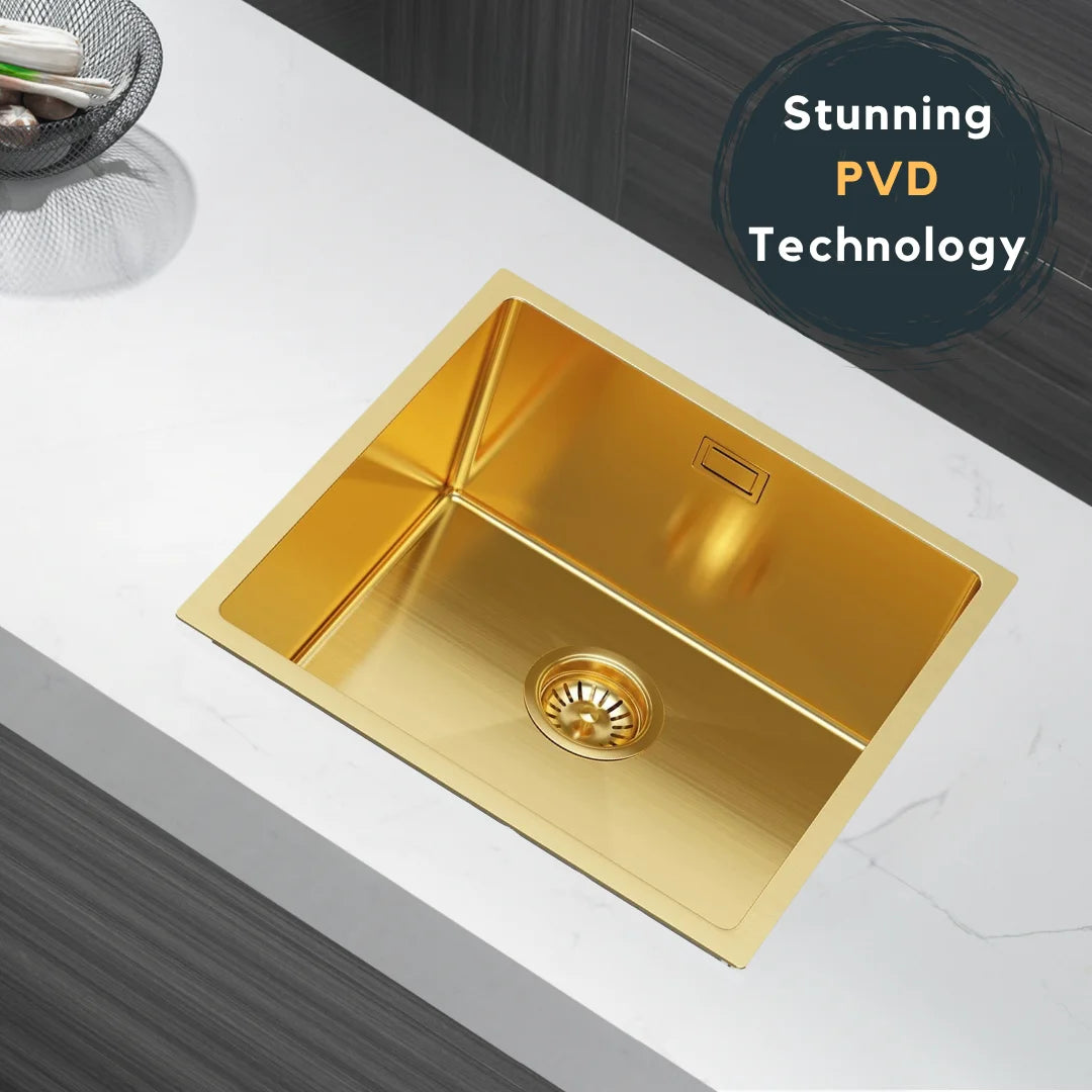 Flovia Gold PVD-Edelstahlspüle 44 x 44 cm – Einzelschüssel oben/Untermontage – mit Abflusssatz und Zubehör