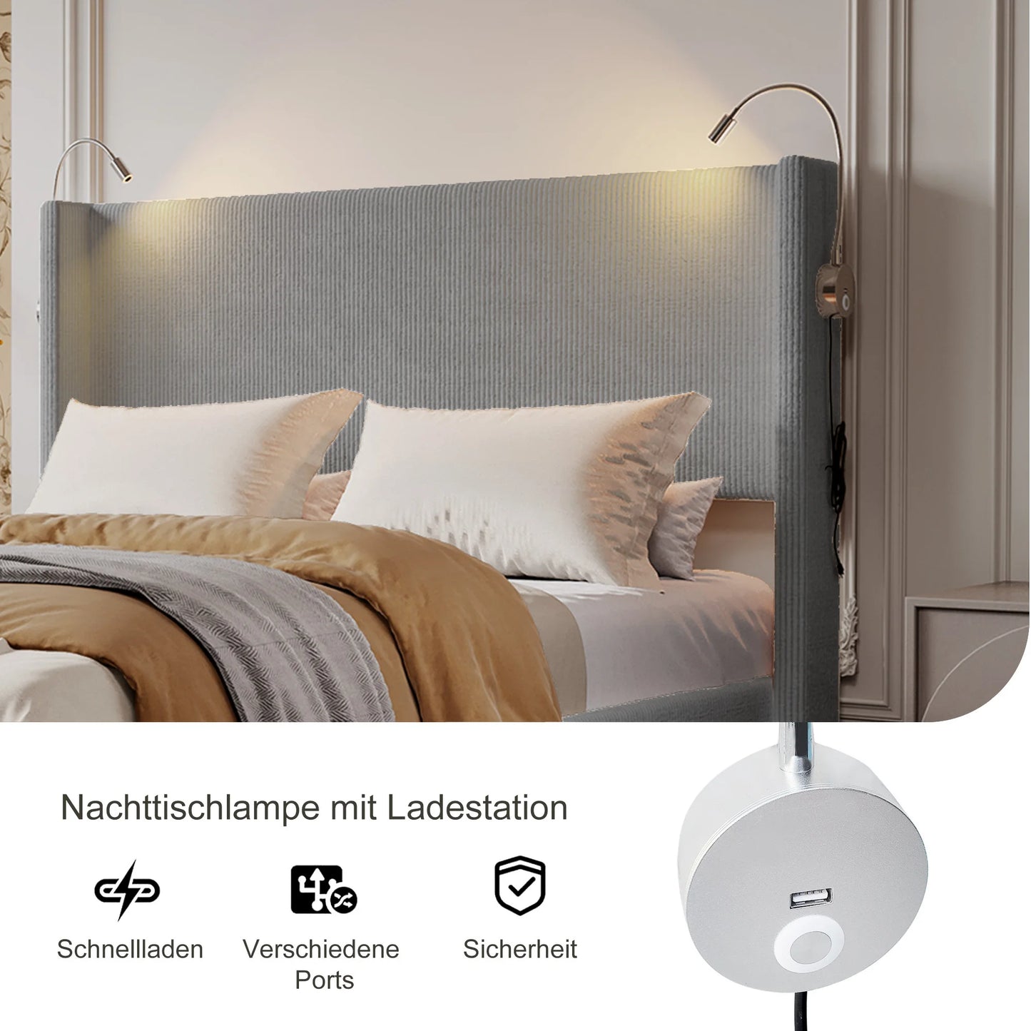 140 x 200 cm großes Cord-Doppelbett mit Stauraum, Bettkopf mit Leselicht, zwei USB-Ladeanschlüssen, ohne Matratze