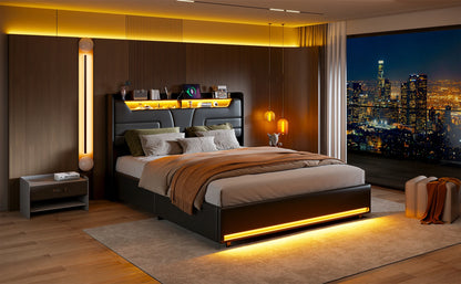 Rosahqnda Doppelbett 140–160 x 200 cm, gepolstertes Bett mit LED, USB und Stauraum, hydraulisches Funktionsbett, PU, Schwarz