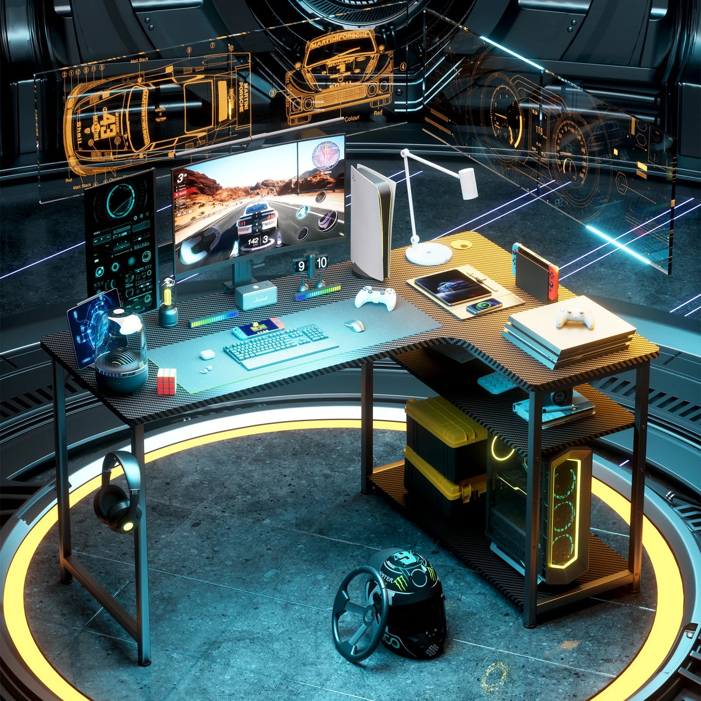 COMHOMA Schreibtisch Gaming Tisch mit Regal, Eckschreibtisch 100cm Computertisch L Form, PC Tisch für Büro, Heimbüro