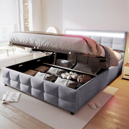 Anajqaqia Polsterbett 180 x 200 cm, hydraulisches Bett mit großem Stauraum, Doppelbettrahmen mit Lattenrost, Samt, Grau