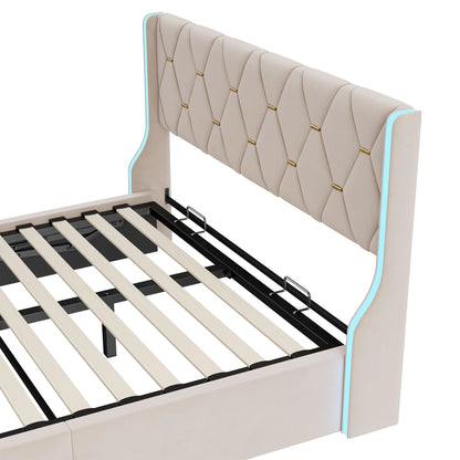 Polsterbett Doppelbett 140x200 cm, Bett mit Stauraum und Lattenrost, Bett mit LED, Stauraumbett mit Bettkasten und Kopfteil