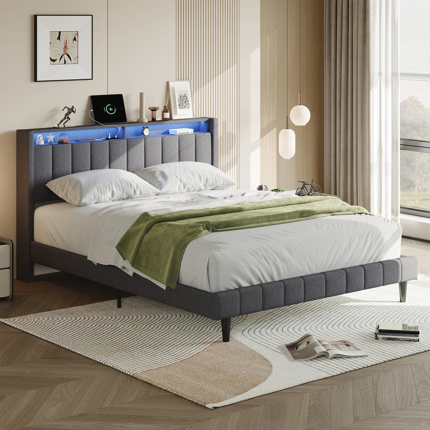 WoodenAura Polsterbett 140×200 cm, Doppelbett mit Stauraum-Kopfteil und Lattenrost, Jugendbett mit LED-Licht und USB-Anschluss