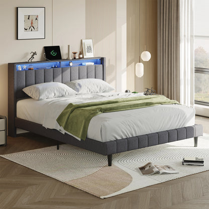 WoodenAura Polsterbett 140×200 cm, Doppelbett mit Stauraum-Kopfteil und Lattenrost, Jugendbett mit LED-Licht und USB-Anschluss